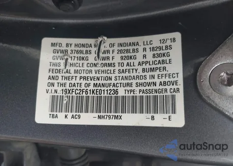 2019 Honda Civic Lx from USA, damaged, VIN 19XFC2F61KE011236